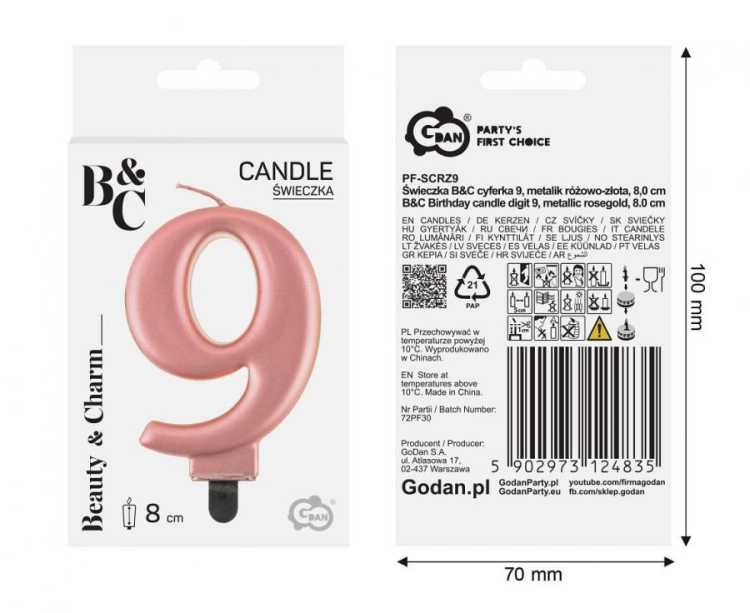 Świeczka Cyfra 9 na tort Godan B&amp;C, metaliczna Różowo-Złota (Rose Gold). Świeczka urodzinowa 9 cm, idealna dekoracja na 9 i 90 urodziny.