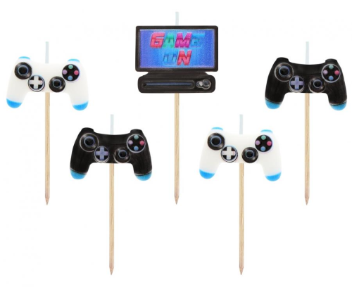 Świeczki Pikery Gaming Godan (5 sztuk, wys. 7 cm). Różnokolorowe świeczki na patyczkach w kształcie konsoli i komputera.