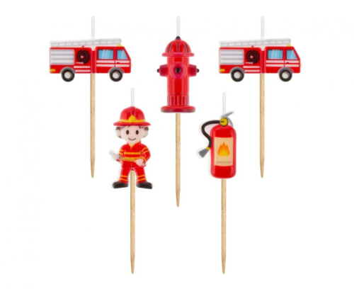 Świeczki Pikery Straż Pożarna Godan (5 sztuk, wys. 7,5 cm). Świeczki na patyczkach: wóz strażacki, hydrant, gaśnica, strażak.