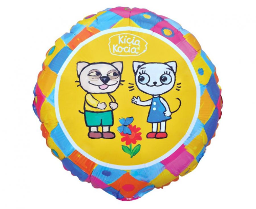 Balon foliowy okrągły Kicia Kocia i Pacek Godan (46 cm). Balon na powietrze z nadrukiem bohaterów bajki i kolorowym patchworkowym obramowaniem.