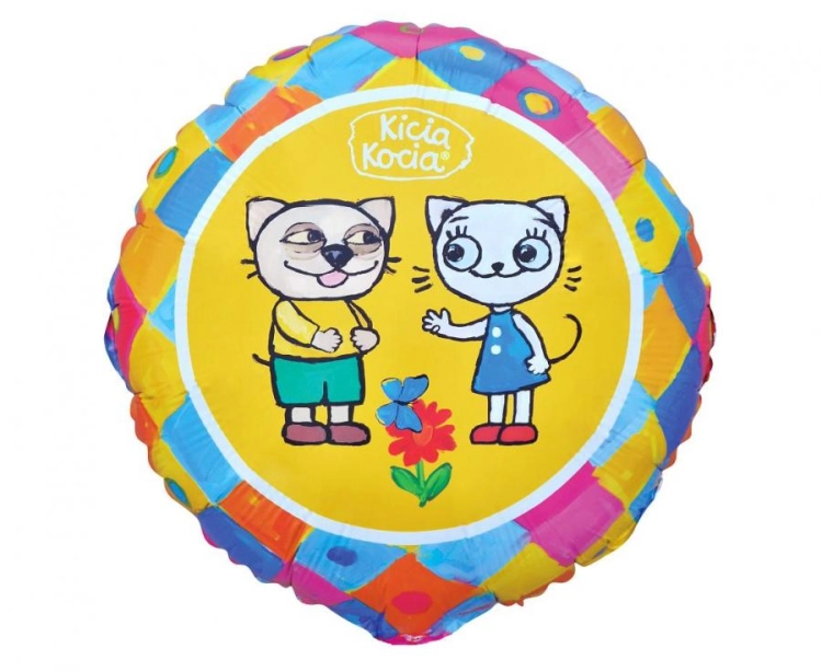 Balon foliowy okrągły Kicia Kocia i Pacek Godan (46 cm). Balon na powietrze z nadrukiem bohaterów bajki i kolorowym patchworkowym obramowaniem.