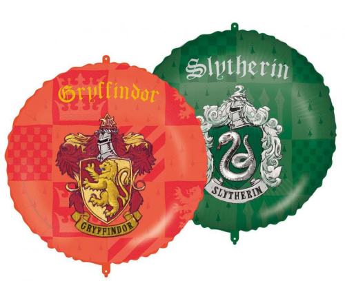 Balon foliowy Harry Potter Procos (46 cm) z dwustronnym nadrukiem herbów Gryffindoru (lew) i Slytherinu (wąż). Balon na hel.