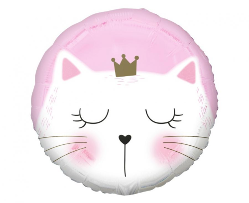 Balon foliowy okrągły Kotek Godan (45 cm) w kolorze różowym z nadrukiem białego kotka ze złotą koroną. Balon TYLKO na hel.