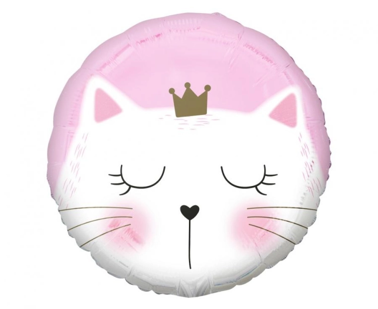 Balon foliowy okrągły Kotek Godan (45 cm) w kolorze różowym z nadrukiem białego kotka ze złotą koroną. Balon TYLKO na hel.