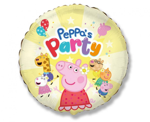Balon foliowy okrągły Świnka Peppa's Party Flexmetal (48 cm). Nadruk Świnka Peppa i przyjaciele. Balon na hel lub powietrze, sprzedaż luzem.