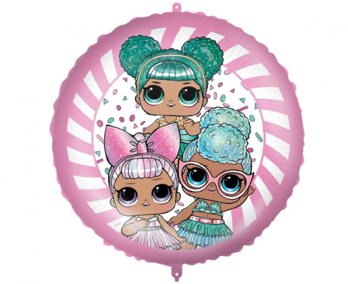 Balon foliowy okrągły LOL Glitterati Procos (46 cm). Nadruk 3 laleczki LOL Surprise. Balon na hel lub powietrze, sprzedaż luzem.