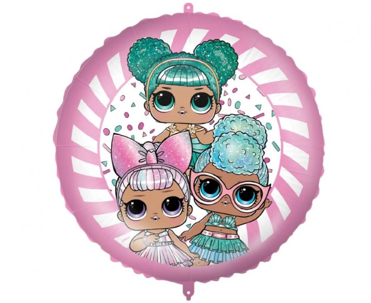 Balon foliowy okrągły LOL Glitterati Procos (46 cm). Nadruk 3 laleczki LOL Surprise. Balon na hel lub powietrze, sprzedaż luzem.