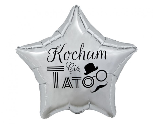 Balon foliowy gwiazda srebrna Kocham Cię Tato Godan S.A. 19 cali (44 cm), na hel, sprzedaż luzem.