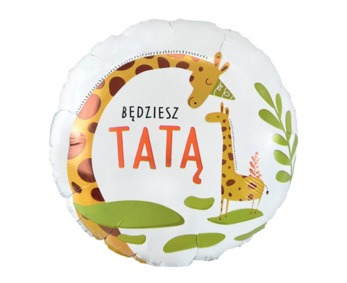Balon foliowy okrągły Będziesz Tatą GoDan S.A. 18 cali (46 cm), ogłoszenie ciąży, motyw żyrafa, na hel i powietrze.