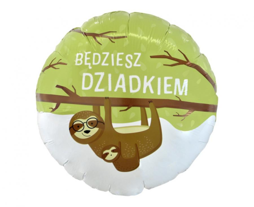 Balon foliowy okrągły Będziesz Dziadkiem GoDan S.A. 18 cali (46 cm), ogłoszenie ciąży, motyw leniwiec, na hel i powietrze.