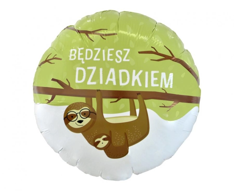 Balon foliowy okrągły Będziesz Dziadkiem GoDan S.A. 18 cali (46 cm), ogłoszenie ciąży, motyw leniwiec, na hel i powietrze.
