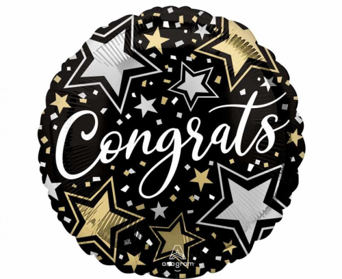 Balon foliowy okrągły Congrats Stars Anagram 18 cali (46 cm), czarno-złoto-srebrne gwiazdy, na gratulacje, na hel lub powietrze.