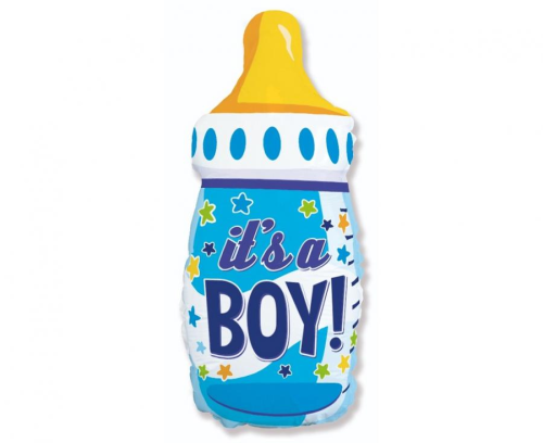 Duży balon foliowy butelka niebieska It's a BOY! Flexmetal 80 cm, ogłoszenie płci, na Baby Shower, na hel i powietrze.