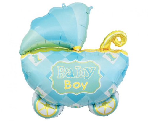 Balon foliowy wózek dziecięcy Baby Boy GoDan 60x60 cm, Baby Shower chłopca, na hel i powietrze.