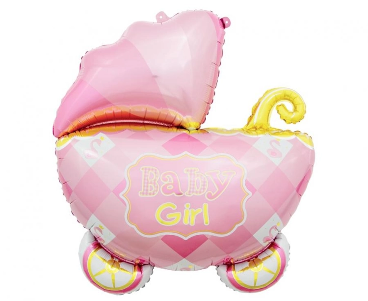 Balon foliowy wózek dziecięcy Baby Girl GoDan 60x60 cm, Baby Shower dziewczynki, na hel i powietrze.