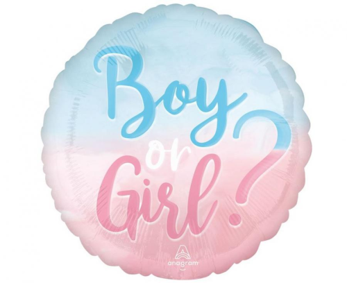 Balon foliowy okrągły Boy or Girl? Anagram 18 cali (46 cm), Gender Reveal Party, niebiesko-różowy, na hel i powietrze.