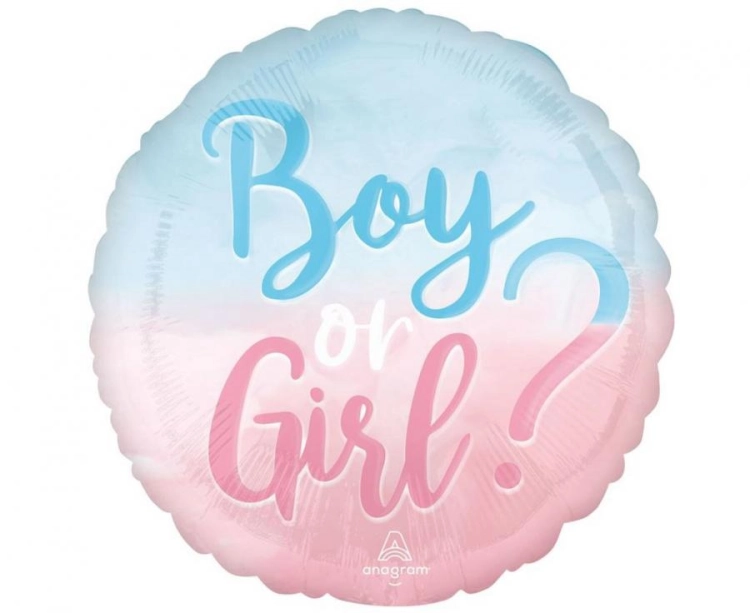 Balon foliowy okrągły Boy or Girl? Anagram 18 cali (46 cm), Gender Reveal Party, niebiesko-różowy, na hel i powietrze.