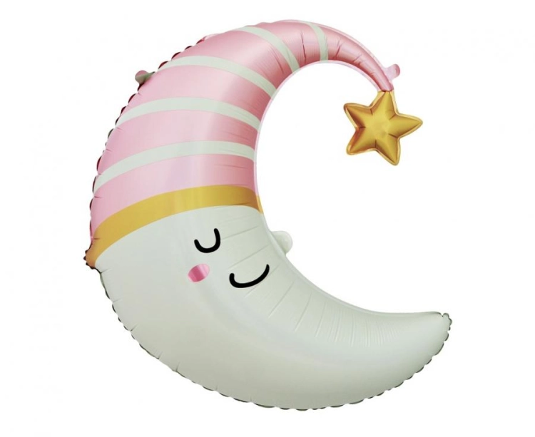 Balon foliowy w kształcie Księżyca w różowej czapce Godan 68 cm, Baby Shower dziewczynki, TYLKO na powietrze.
