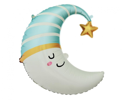 Balon foliowy w kształcie Księżyca w niebieskiej czapce Godan 68 cm, Baby Shower chłopca, na hel i powietrze.