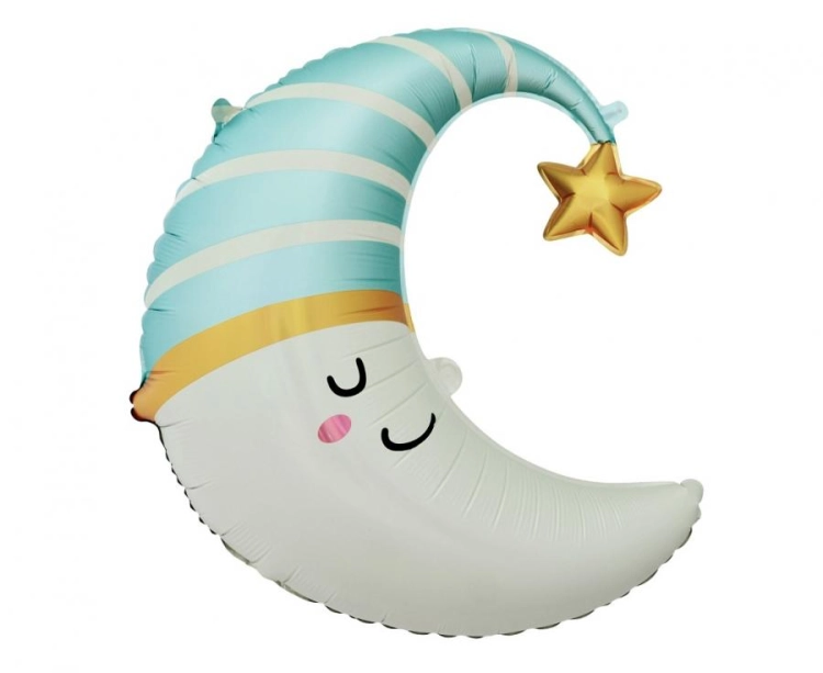 Balon foliowy w kształcie Księżyca w niebieskiej czapce Godan 68 cm, Baby Shower chłopca, na hel i powietrze.