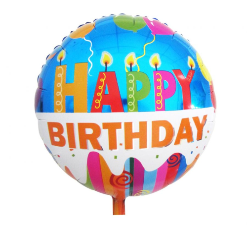 Balon foliowy okrągły Happy Birthday świeczki Godan S.A. 18 cali (46 cm), wielokolorowy, dekoracja urodzinowa, na hel i powietrze.