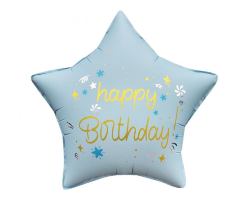 Balon foliowy Gwiazda Happy Birthday Godan matowy niebieski 44 cm, dekoracja urodzinowa, na hel i powietrze.