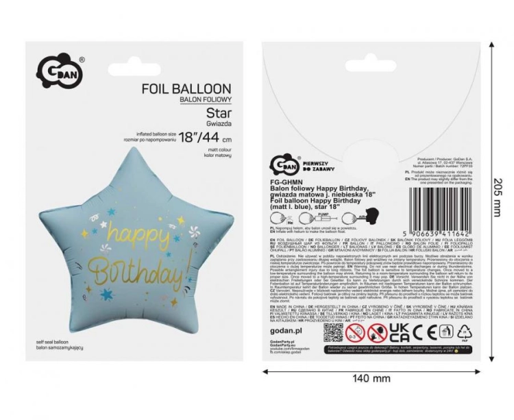 Balon foliowy Gwiazda Happy Birthday Godan matowy niebieski 44 cm, dekoracja urodzinowa, na hel i powietrze.