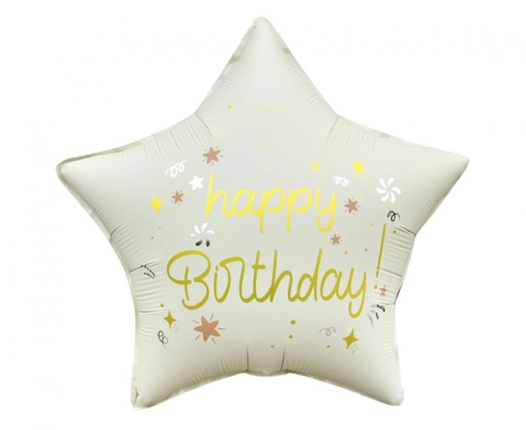 Balon foliowy Gwiazda Happy Birthday Godan matowy biały 44 cm, uniwersalna dekoracja urodzinowa, na hel i powietrze.