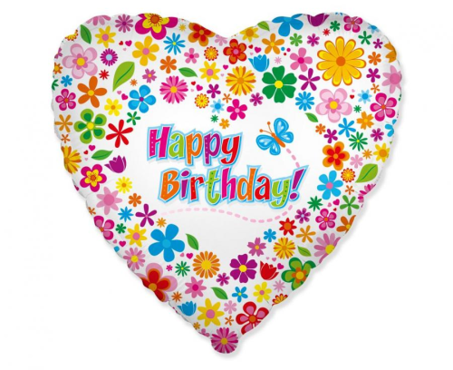 Balon foliowy Serce Happy Birthday kwiatki Flexmetal 18 cali (46 cm), wielokolorowy, na hel i powietrze.