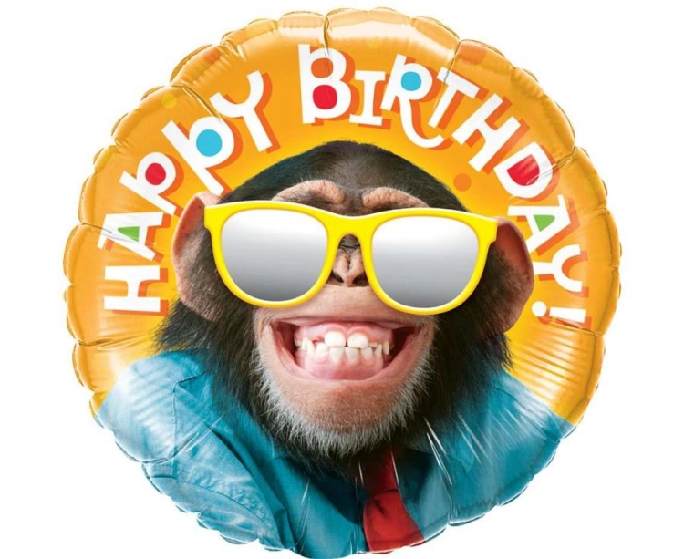 Balon foliowy okrągły Happy Birthday małpa Anagram 18 cali (46 cm), wielokolorowy, dekoracja urodzinowa, na hel i powietrze.