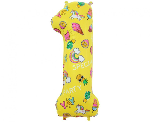 Balon foliowy Cyfra 1 Żółty GoDan 78 cm, Roczek, Jednorożec, Ananas, na hel i powietrze.