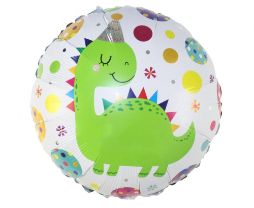 Balon foliowy okrągły Dinozaur w czapeczce Godan S.A. 18 cali (46 cm), zielony, dekoracja urodziny Dino, na hel i powietrze.