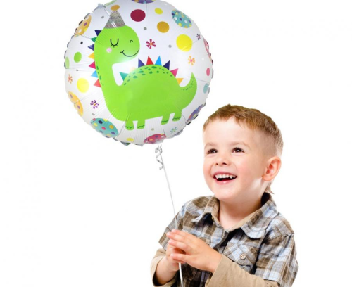 Balon foliowy okrągły Dinozaur w czapeczce Godan S.A. 18 cali (46 cm), zielony, dekoracja urodziny Dino, na hel i powietrze.