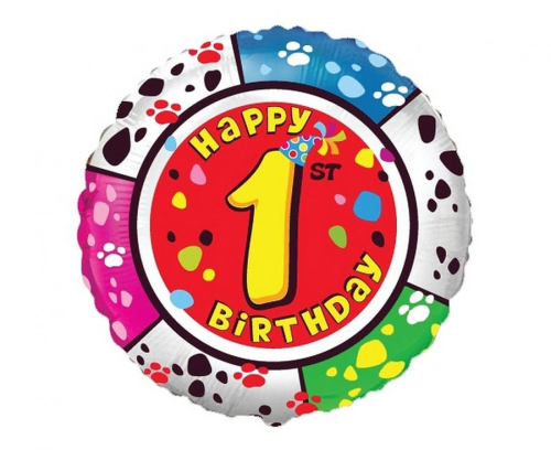 Balon foliowy okrągły Happy 1st Birthday z cyfrą 1 Flexmetal 18 cali (48 cm), Roczek, motyw Łapy Zwierząt, na hel i powietrze.