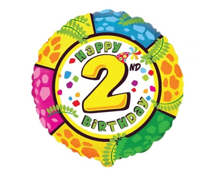 Balon foliowy okrągły Happy 2nd Birthday z cyfrą 2 Flexmetal 18 cali (48 cm), 2. urodziny, motyw Dżungla/Dinozaur, na hel i powietrze.