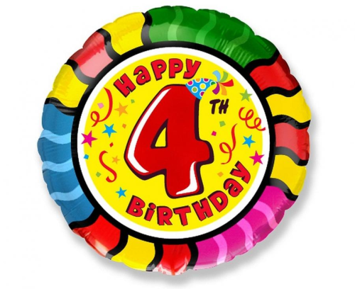 Balon foliowy okrągły Happy 4th Birthday z cyfrą 4 Flexmetal 18 cali (48 cm), 4. urodziny, wielokolorowy, na hel i powietrze.