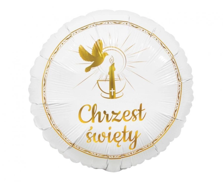 Balon foliowy okrągły Chrzest Święty Godan 18 cali (48 cm), biało-złoty, z gołębiem i świecą, dekoracja na Chrzciny, na hel i powietrze.