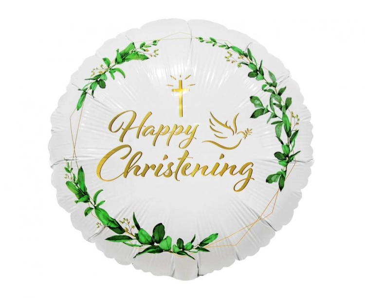 Balon foliowy okrągły Chrzest Święty Happy Christening 18 cali (36 cm), biały ze złotym napisem i zielonym wieńcem, producent Godan, na hel.