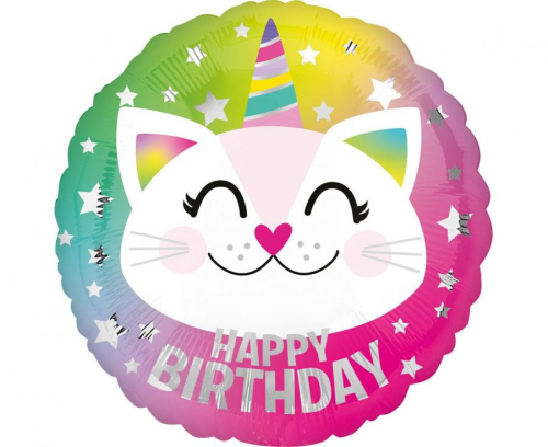 Okrągły balon foliowy Caticorn (Kotorożec) na hel, Amscan, 18 cali, motyw urodzinowy.