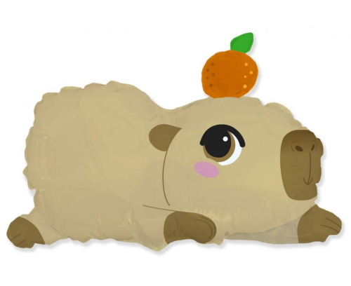 Duży balon foliowy Kapibara (Capybara) kształt 71 cm Flexmetal, z pomarańczą na głowie, na hel i powietrze.
