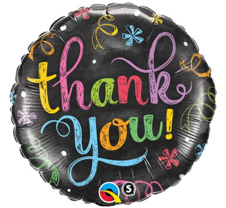 Balon foliowy okrągły Thank You Chalkboard Qualatex 18 cali (46 cm), czarne tło tablicy, kolorowy napis, na hel i powietrze.