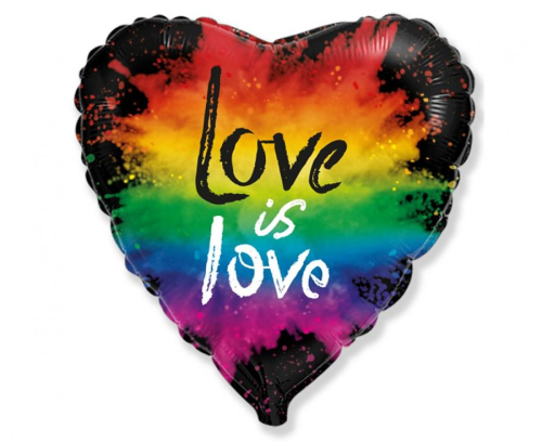 Balon foliowy Serce Love is love Flexmetal 48 cm, tęczowy, na Paradę Równości i Walentynki, na hel i powietrze.