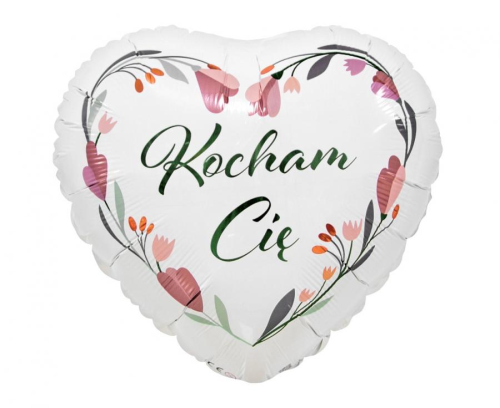 Balon foliowy Serce Kocham Cię Godan 18 cali (37 cm), biały z wieńcem kwiatowym, na Walentynki i Rocznicę, na hel i powietrze.
