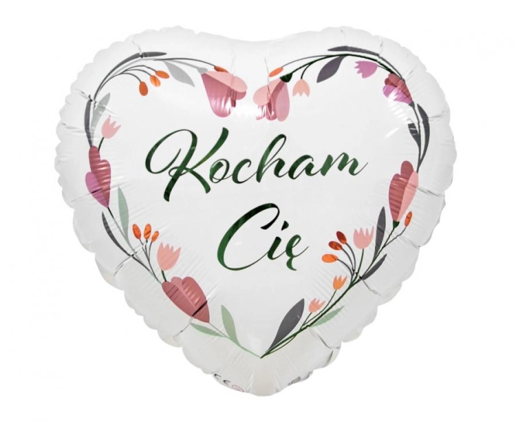 Balon foliowy Serce Kocham Cię Godan 18 cali (37 cm), biały z wieńcem kwiatowym, na Walentynki i Rocznicę, na hel i powietrze.