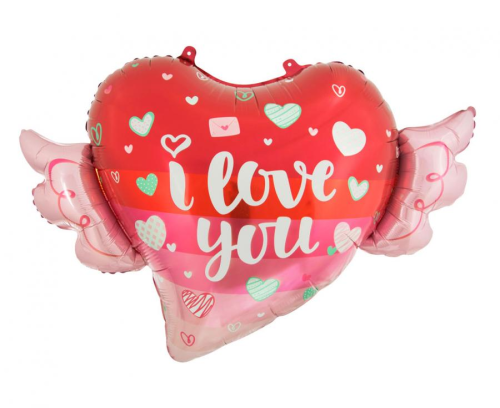Duży balon foliowy Serce ze Skrzydełkami GoDan 68 cm, czerwono-różowy, I Love You, na Walentynki, na hel i powietrze.