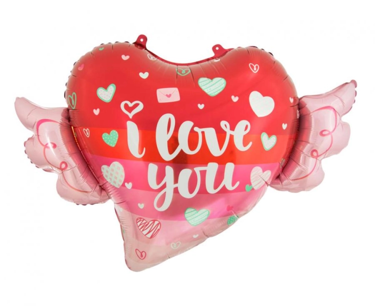 Duży balon foliowy Serce ze Skrzydełkami GoDan 68 cm, czerwono-różowy, I Love You, na Walentynki, na hel i powietrze.