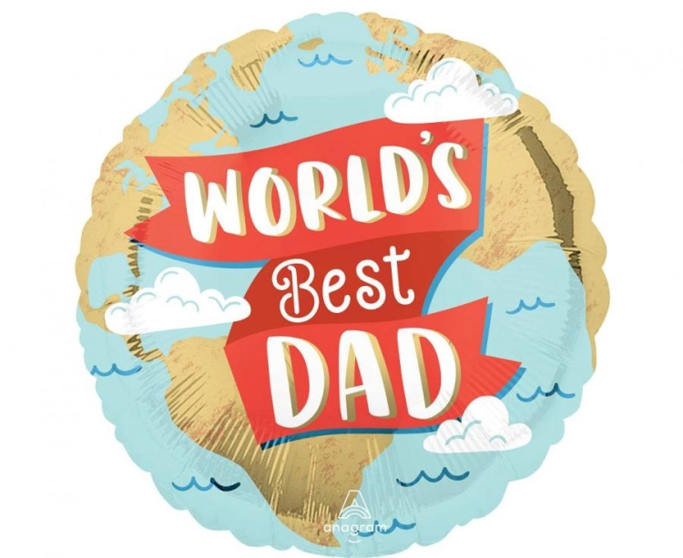 Balon foliowy okrągły Dzień Taty World's Best Dad Anagram 18 cali (46 cm), motyw kuli ziemskiej, na hel i powietrze.