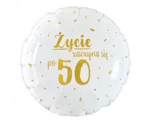 Balon foliowy okrągły Życie zaczyna się po 50 Godan 18 cali (46 cm), biało-złoty, na 50. urodziny, na hel i powietrze.