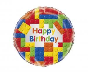 Balon foliowy okrągły Klocki Happy Birthday Unique 18 cali (46 cm), motyw Lego, kolorowy, balon z helem.