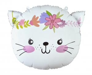 Balon foliowy Kształt Kotek Godan 44 cm, z wiankiem kwiatowym, na urodziny Boho, balon z helem.